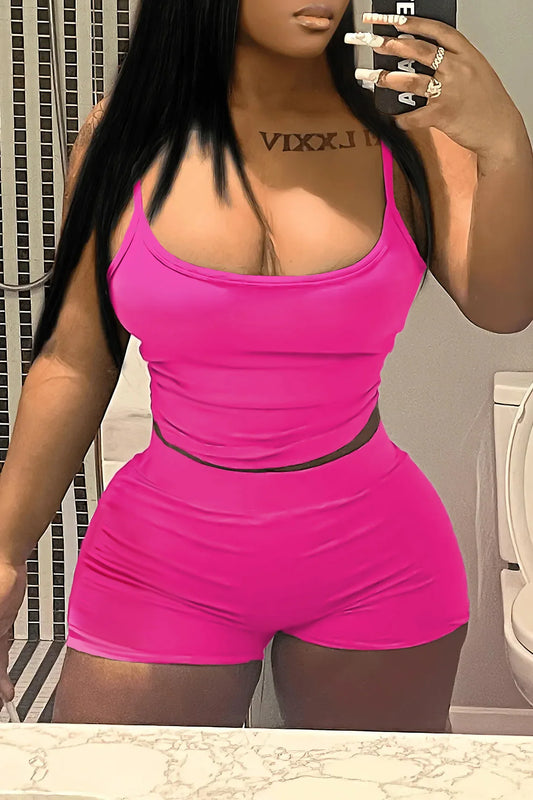 Women Chic Cami Skinny Stretchy Shorts Set Suspenders Top &#8211; Stylish and Comfortable