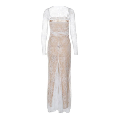FashionSierra - New Fashion Elegant High Waist Long Sleeve Temperament Square Collar Mermaid Lace Prom Lace Dress