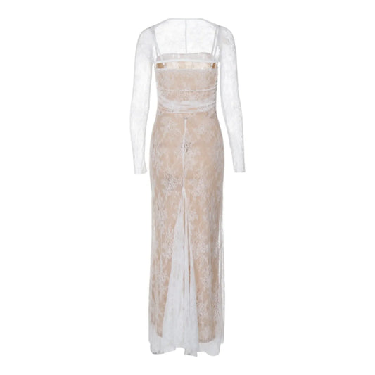 FashionSierra - New Fashion Elegant High Waist Long Sleeve Temperament Square Collar Mermaid Lace Prom Lace Dress