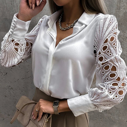 Lace Patchwork 2025 Spring Hollow Out Long Sleeve Turn-down Collar White Button Up Office Wear Blouse