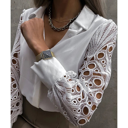 Lace Patchwork 2025 Spring Hollow Out Long Sleeve Turn-down Collar White Button Up Office Wear Blouse