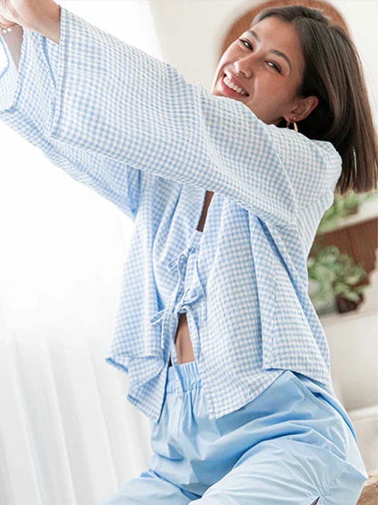 Lace Up Bow Women Long Sleeve Linen Tops Solid Blouse