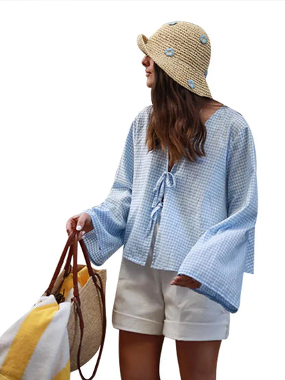 Lace Up Bow Women Long Sleeve Linen Tops Solid Blouse