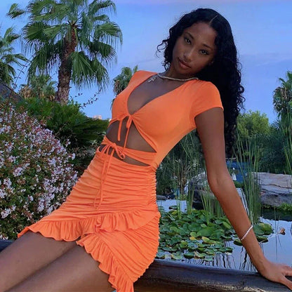 FashionSierra - Lace Up V Neck Bodycon Women 2025 Summer Hollow Out Ruffles Sun Beachwear Vestidos Mini Dress