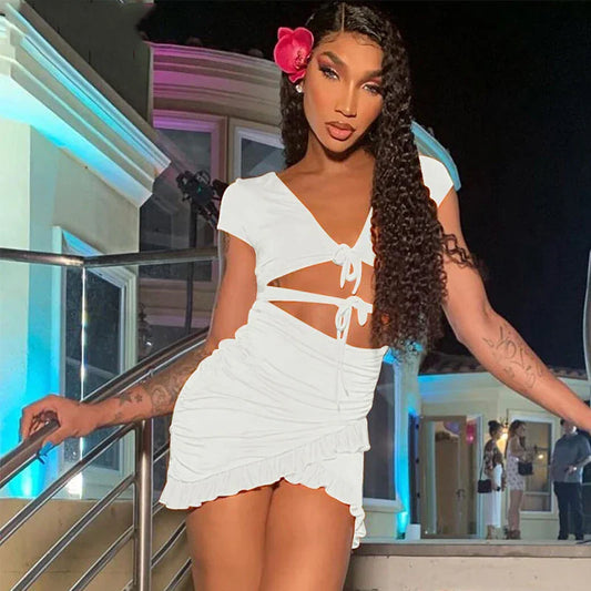 Lace Up Bodycon 2025 Summer Hollow Out Ruffles SunBeachwear Mini Dress