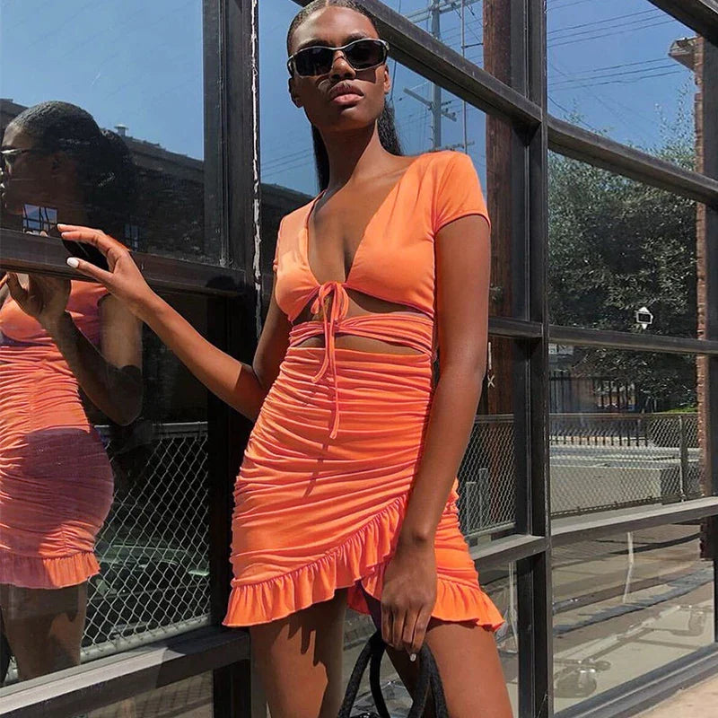 FashionSierra - Lace Up V Neck Bodycon Women 2025 Summer Hollow Out Ruffles Sun Beachwear Vestidos Mini Dress