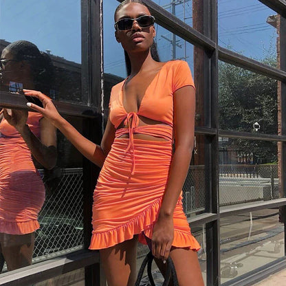 FashionSierra - Lace Up V Neck Bodycon Women 2025 Summer Hollow Out Ruffles Sun Beachwear Vestidos Mini Dress