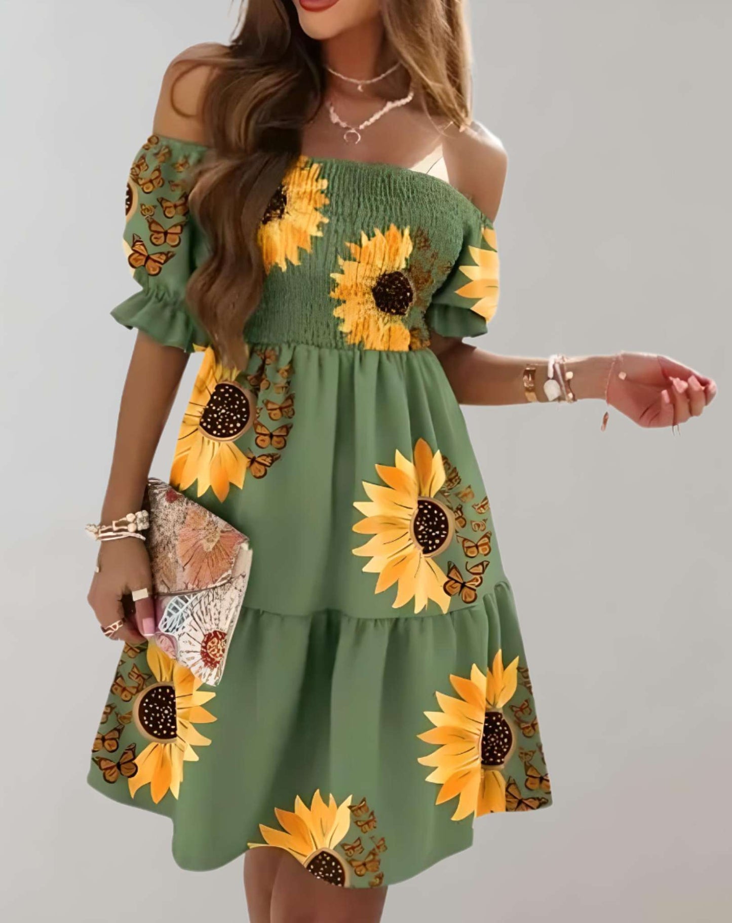 Vestido mini de mujer con hombros descubiertos y estampado floral | Ideal para primavera/verano
