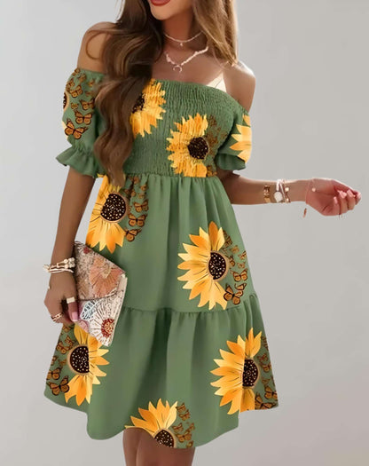 Vestido mini de mujer con hombros descubiertos y estampado floral | Ideal para primavera/verano