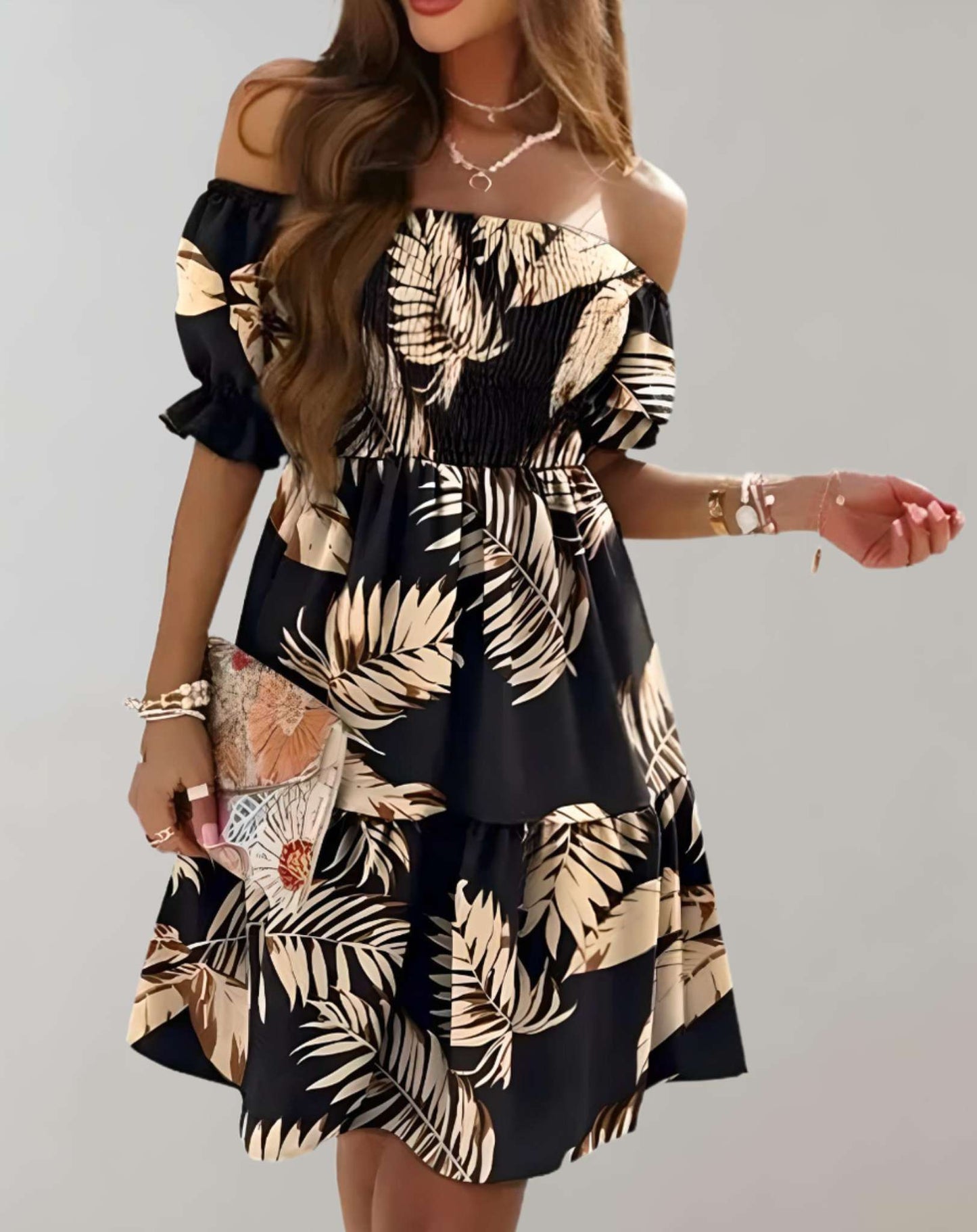 Vestido mini de mujer con hombros descubiertos y estampado floral | Ideal para primavera/verano