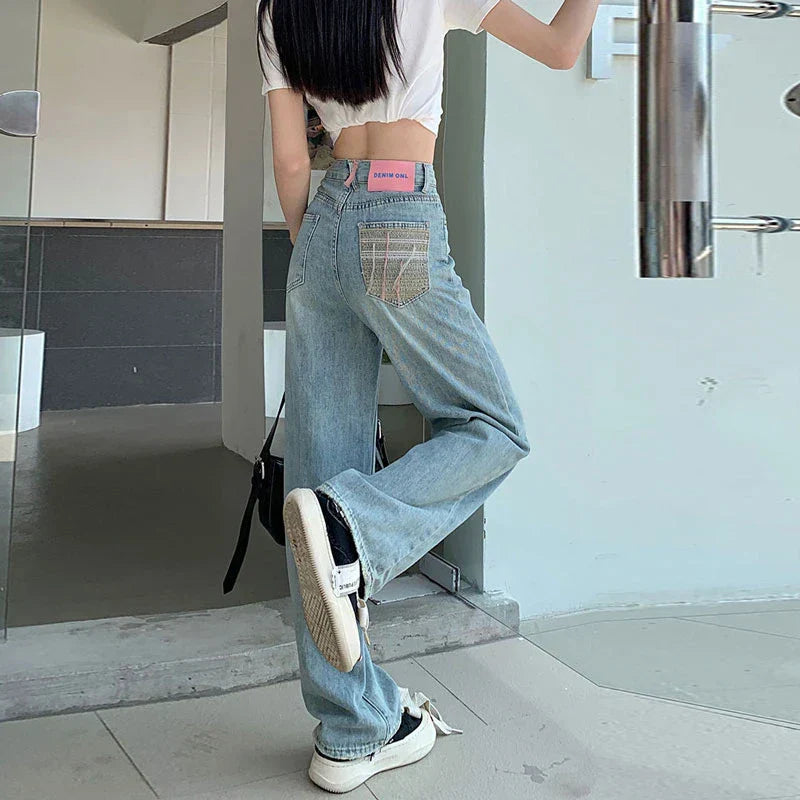 Female Collision High Waist Embroidery Design Loose Drag Straight Jeans