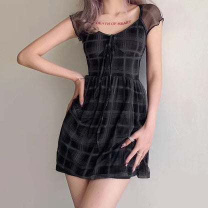 FashionSierra - Lattice Pattern A-Line Short Sleeve For Women's Clothes 2025 Summer Comfortable Lady Streetwear Mini Dress