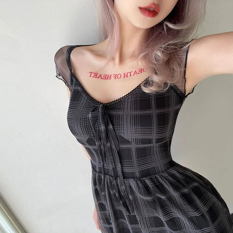 FashionSierra - Lattice Pattern A-Line Short Sleeve For Women's Clothes 2025 Summer Comfortable Lady Streetwear Mini Dress