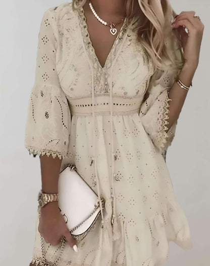 Women’s Casual Bohemian Midi Dress with Eyelets and Drawstring | Ideal for Spring/Summer