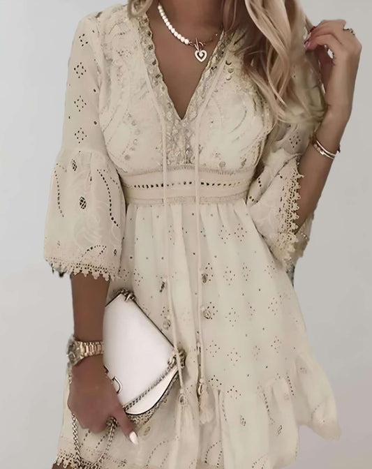 Women’s Casual Bohemian Midi Dress with Eyelets and Drawstring | Ideal for Spring/Summer