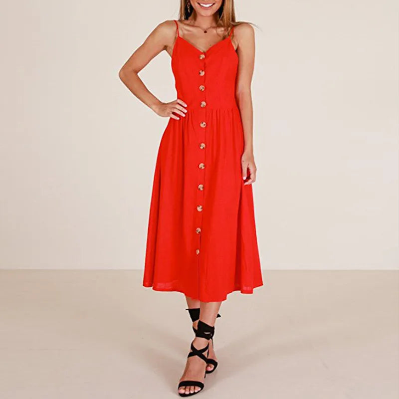 Suspender Button Backless V-Neck Midi Dress