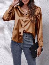 Blusa de satén con cuello holgado y botones para mujer | Ideal para primavera/verano
