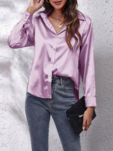 Blusa de satén con cuello holgado y botones para mujer | Ideal para primavera/verano