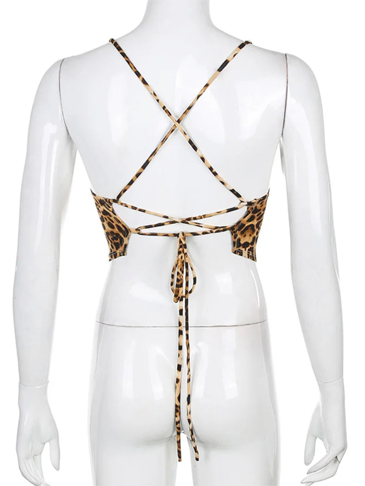 FashionSierra - Leopard Backless Rave Sleeveless Lace Up Bralette Crop Tops