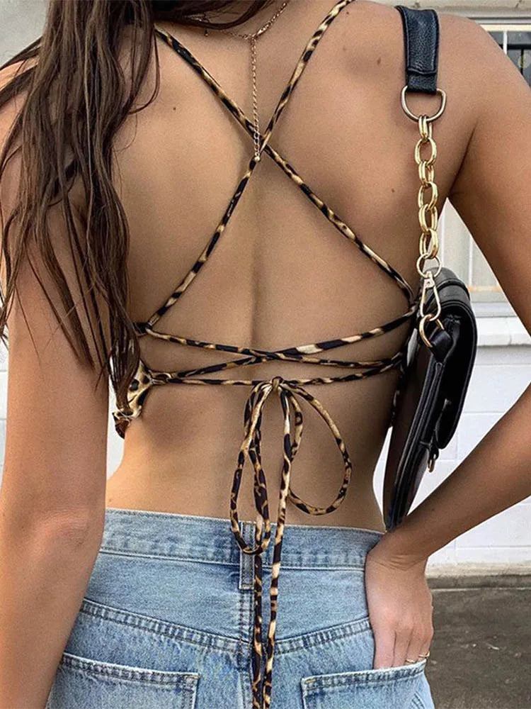 FashionSierra - Leopard Backless Rave Sleeveless Lace Up Bralette Crop Tops