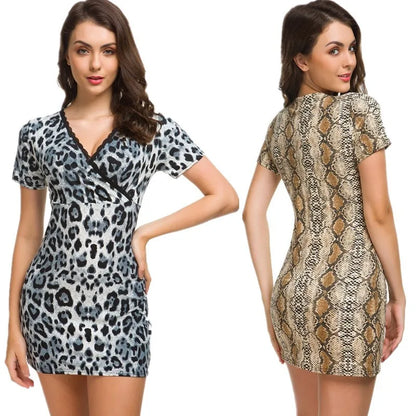 Leopard Print Slim Mini Dresses Women Sexy V-neck Lace Patchwork Package Hip Bodycon Dress Fashion Trendy Streetwear Vestidos