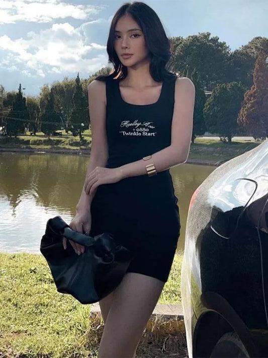 Letter Print Ribbed Tank Summer Sleeveless Bodycon Mini Dress