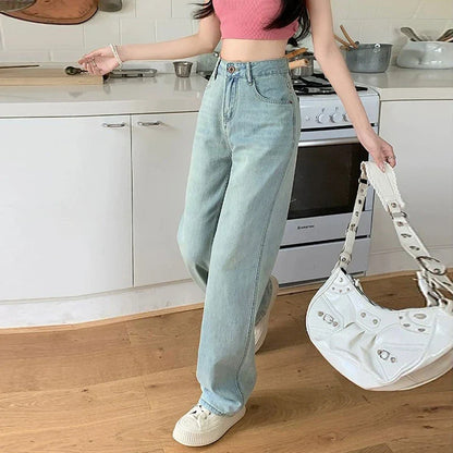 Women's High-Waisted Versatile Outwear Pear-Shaped Wide-Legged Trailing Long Jeans