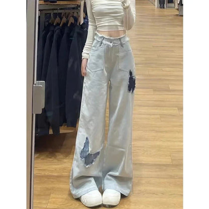 2025 New Spring Fall Models Women's Butterfly High-Waisted Loose Straight Long Jeans