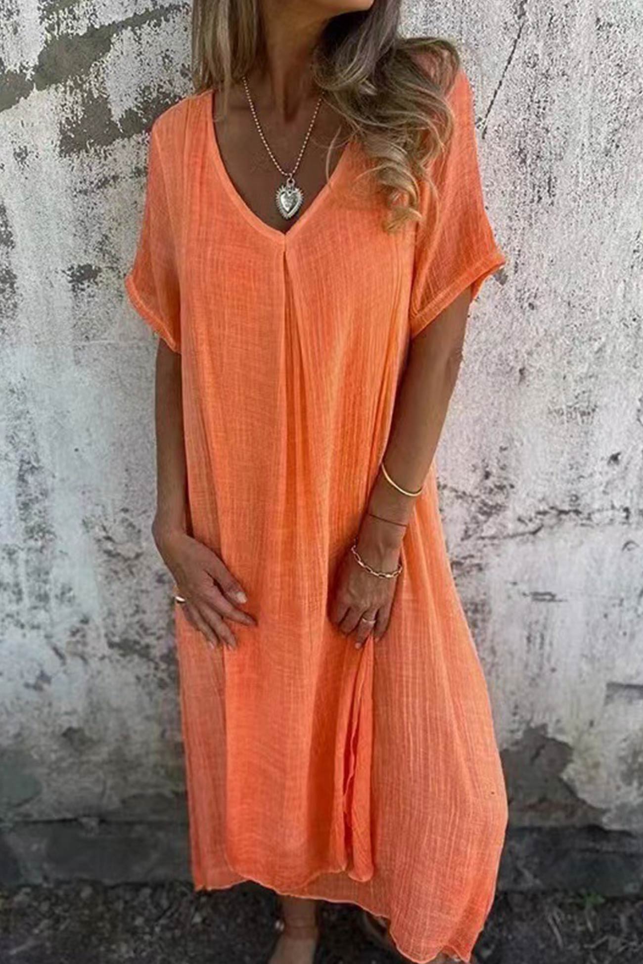 Cotton Solid V Neck Midi Dress