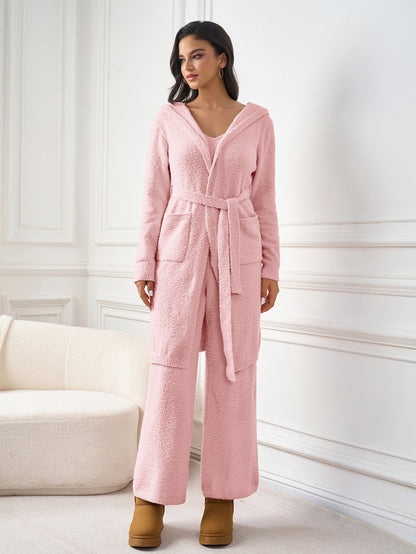 Long Sleeve Pocket Belted Hood Solid Sweater