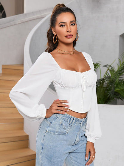Long Sleeve Ruched Bust Zipper Back Crop Top
