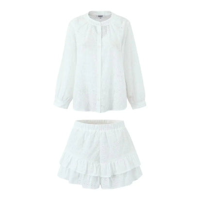 Sleeved Shirt Shorts Sets Summer Stand Collar Single Breasted White Blouse Suits Casual Vacation Mini Dress