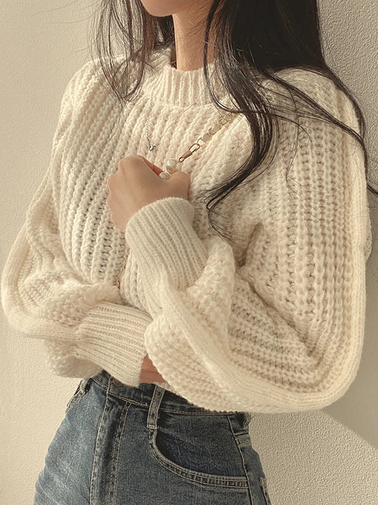 FashionSierra - Vintage Harajuku Lantern Long Sleeve Korean Autumn Winter Knitwear Soft Warm Chic Solid Femme Sweater
