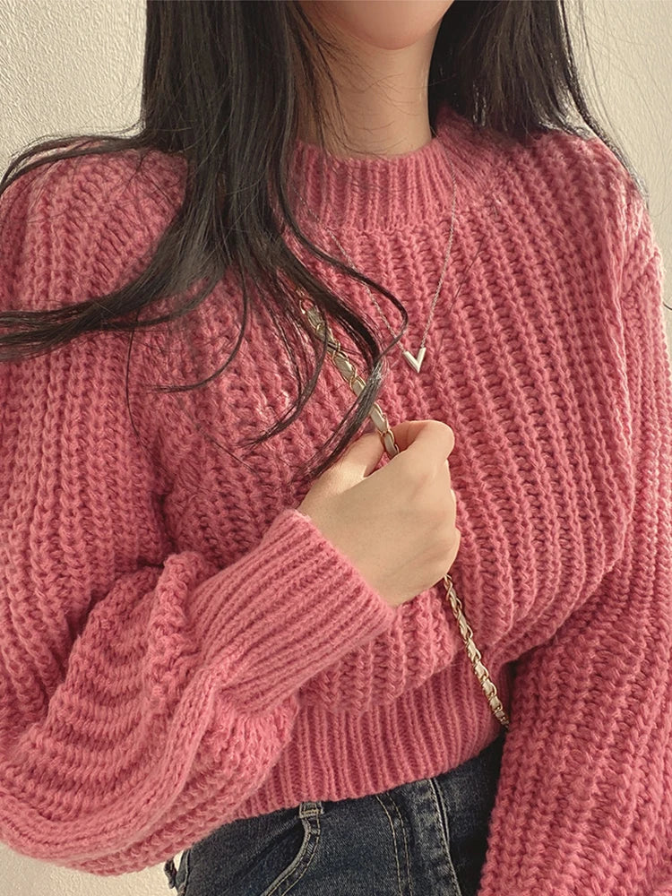 FashionSierra - Vintage Harajuku Lantern Long Sleeve Korean Autumn Winter Knitwear Soft Warm Chic Solid Femme Sweater