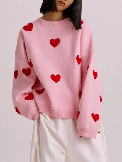 Love Heart Printed Thickened Long-sleeved O Neck Fashion Oversized Street Jumper Sweater