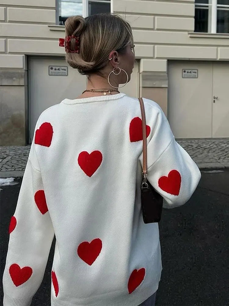 Love Heart Printed Thickened Long-sleeved O Neck Fashion Oversized Street Jumper Sweater
