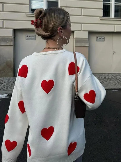 Love Heart Printed Thickened Long-sleeved O Neck Fashion Oversized Street Jumper Sweater