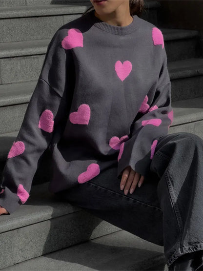 Love Heart Printed Thickened Long-sleeved O Neck Fashion Oversized Street Jumper Sweater