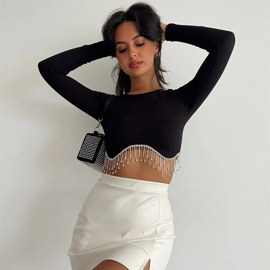 Rhinestone Tassel Slim Black Corset Top Spring Sexy O-neck Women's Long Sleeve T-shirt