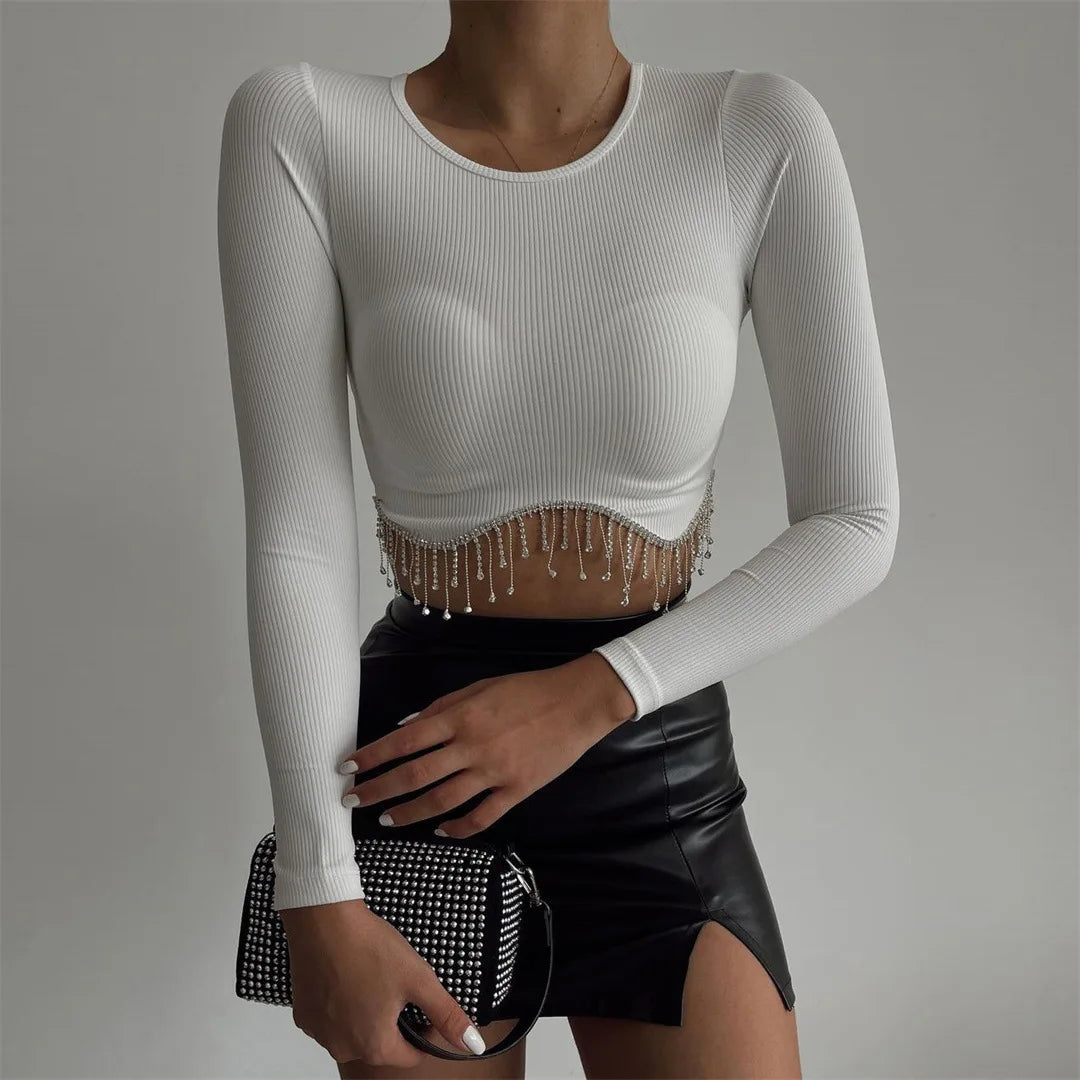 Rhinestone Tassel Slim Black Corset Top Spring Sexy O-neck Women's Long Sleeve T-shirt