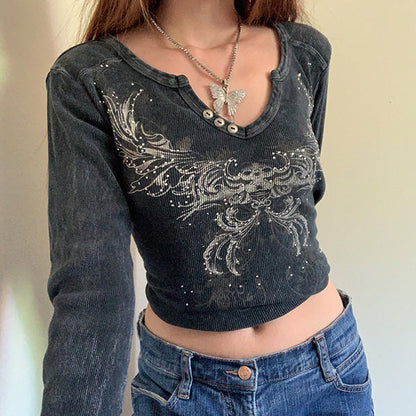 Rhinestone Detail Long Sleeve Crop Top