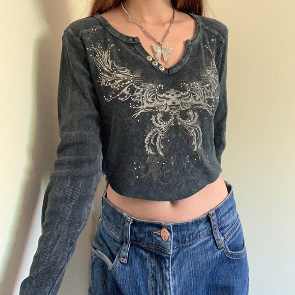 Rhinestone Detail Long Sleeve Crop Top