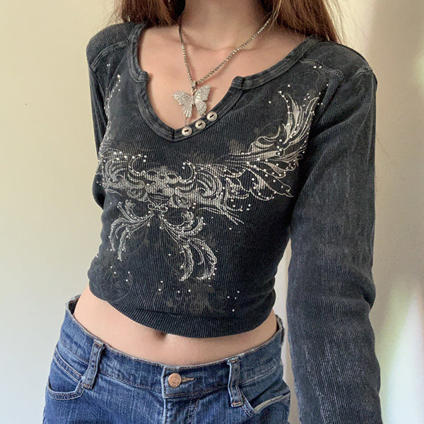Rhinestone Detail Long Sleeve Crop Top