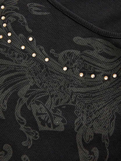 Rhinestone Detail Long Sleeve Crop Top