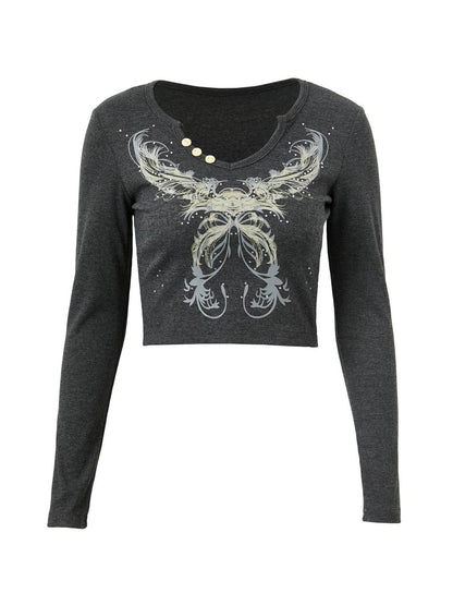 Rhinestone Detail Long Sleeve Crop Top