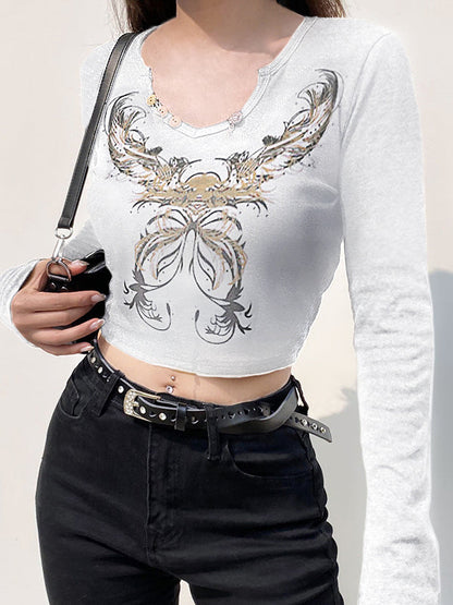 Rhinestone Detail Long Sleeve Crop Top