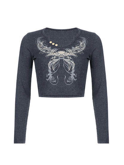 Rhinestone Detail Long Sleeve Crop Top