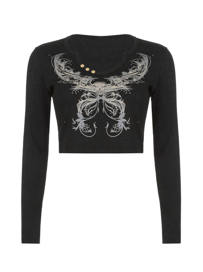 Rhinestone Detail Long Sleeve Crop Top
