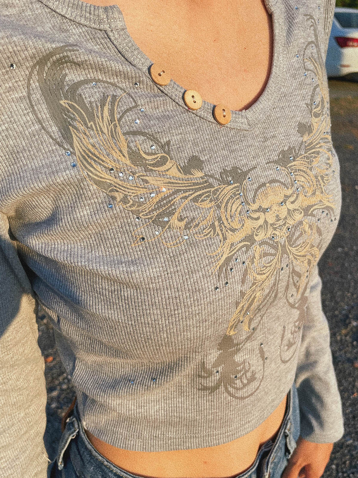 Rhinestone Detail Long Sleeve Crop Top