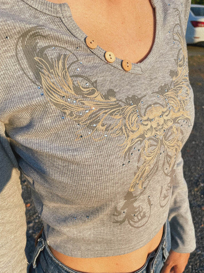Rhinestone Detail Long Sleeve Crop Top
